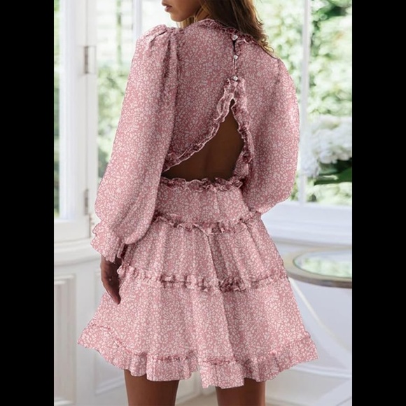 Women's Pink Deep V Neck Ruffle Flowing Mini Dress - Picture 3 of 9